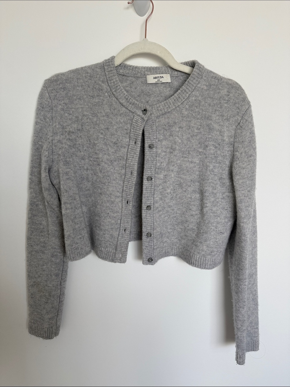 Aritzia Light Gray Cropped Button-Front Cardigan